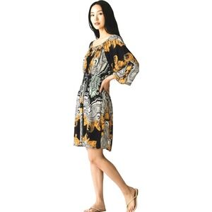 Rubber Ducky Boho Paisley Off Shoulder Bell‎ Sleeve Smocked Waist Mini Dress XL